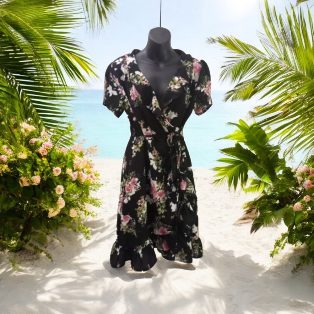 Boutique-Floral Flounce Short Sleeve Wrap Midi Dress-Black-Pink-Multi-NWOT-SzM🌸​
